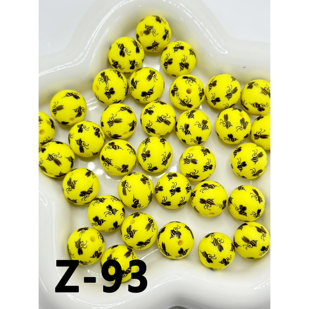 Little Cute Bee Yellow Round Printed Silicone Beads 15mm, Number Z-93