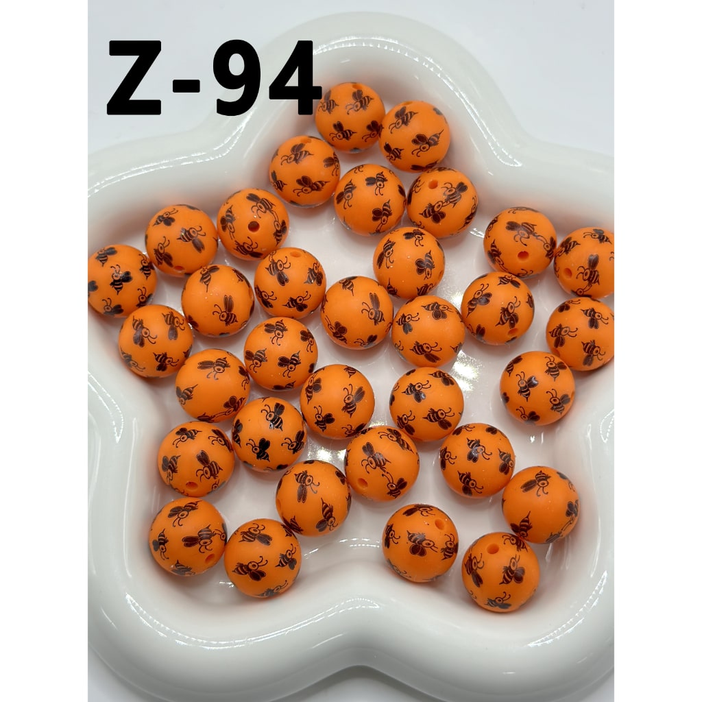 Little Cute Bee Orange Round Printed Silicone Beads 15mm, Number Z-94