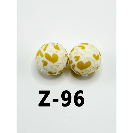 Golden Heart Tree Leaves Round Printed Silicone Beads 15mm, Number Z-96