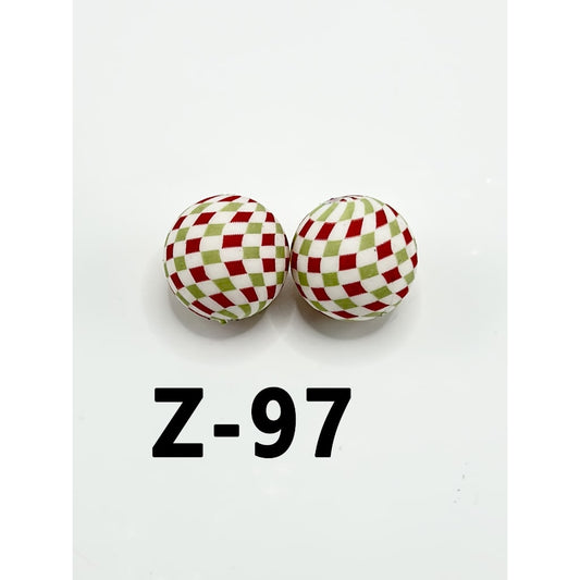 Red Green Checkered White Round Printed Silicone Beads 15mm, Number Z-97