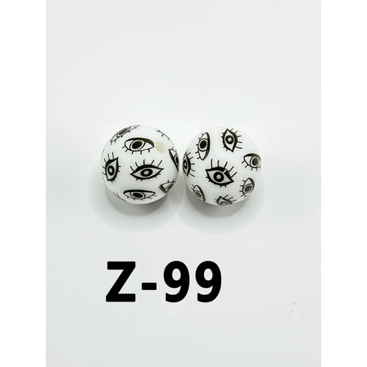 Big Black Eyes White Round Printed Silicone Beads 15mm, Number Z-99