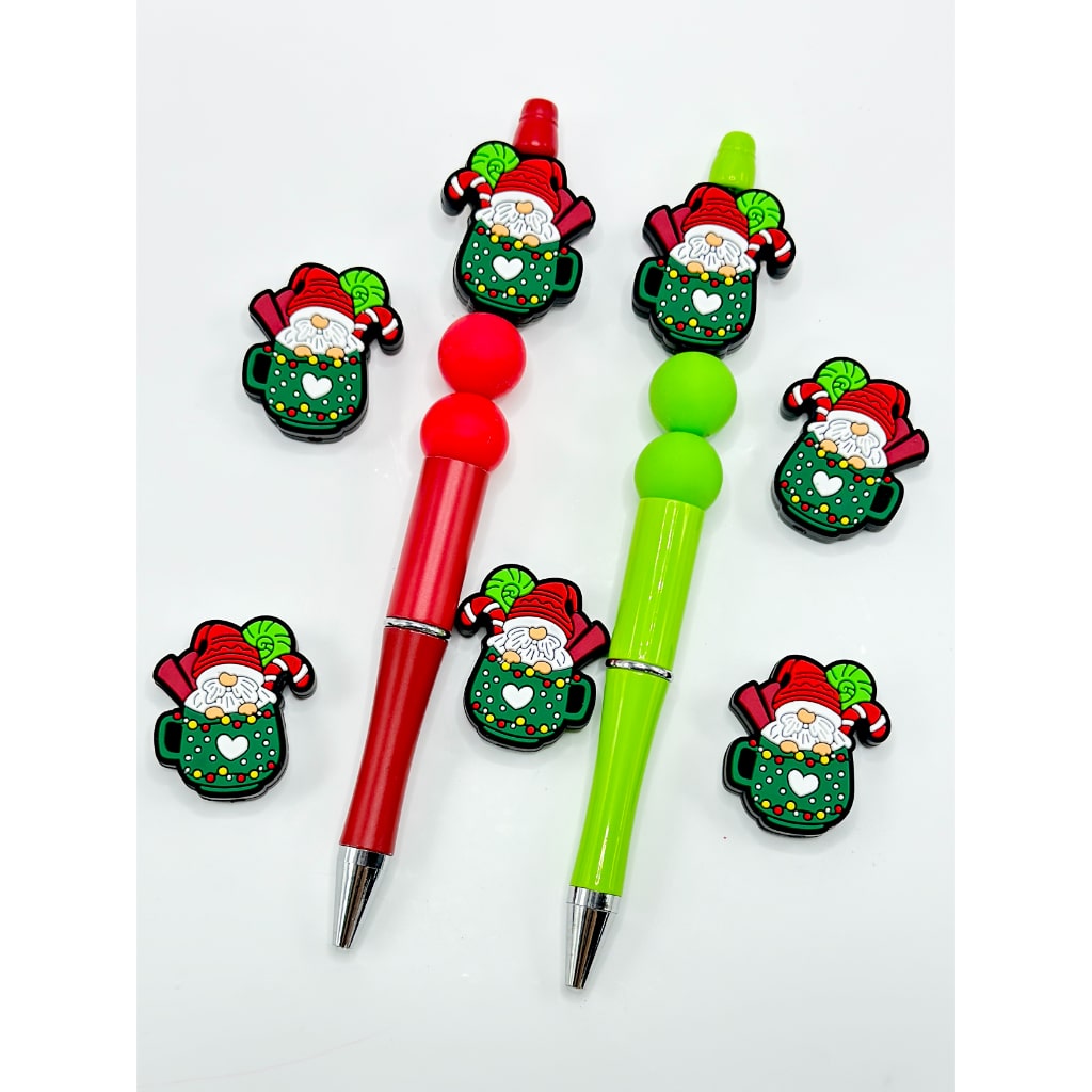 Cute Gnome Dwarf in a Red Christmas Hat Sits in a Green Cup Mug with Christmas Bulbs Silicone Focal Beads