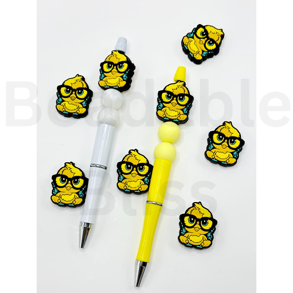 Yellow Cute Bird Chick with Glasses Silicone Focal Beads