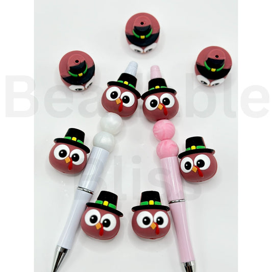 3D Cute Turkey Bird Chick with a Black Hat Silicone Focal Beads