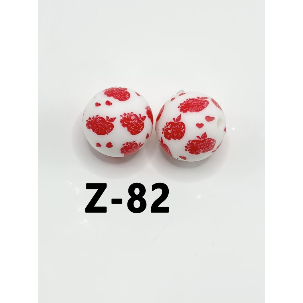 Red Apple Heart White Round Printed Silicone Beads 15mm, Number Z-82