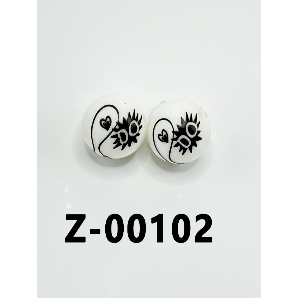 Black Sea Urchin Heart Design Round Printed Silicone Beads 15mm, Number Z-00102