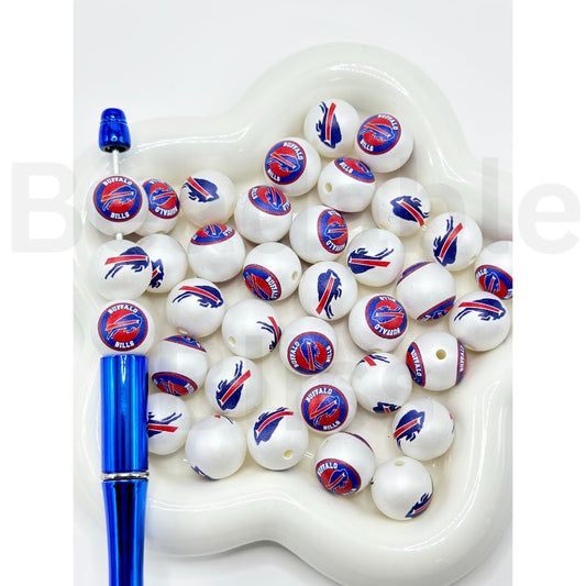 USA American Football Team Buffalo Bil Sports Frosted Matt White Round Acrylic Beads, Random Mix, 16MM