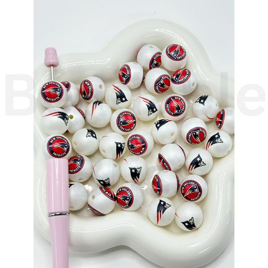 USA American Football Team New England Patrio Sports Frosted Matt White Round Acrylic Beads, Random Mix, 16MM