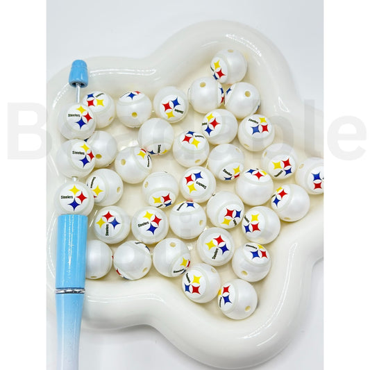 USA American Football Team Pittsburgh Steele Sports Frosted Matt White Round Acrylic Beads, Random Mix, 16MM