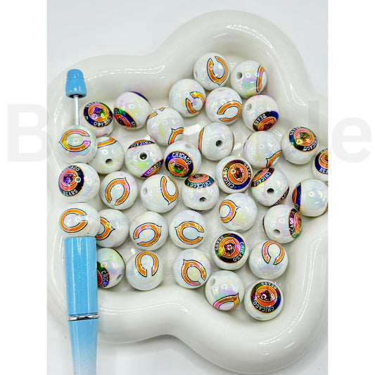 USA American Football Team Chicago Bea Sports UV Finish White Round Acrylic Beads, Random Mix, 16MM