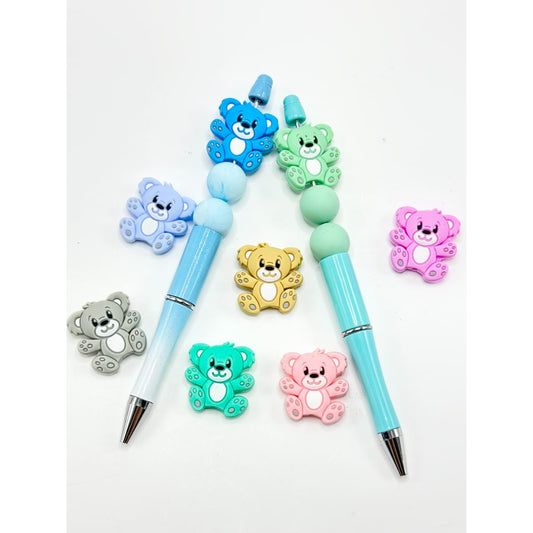 Mini Cute Happy Bears Silicone Focal Beads in Solid Colors, Random Mix