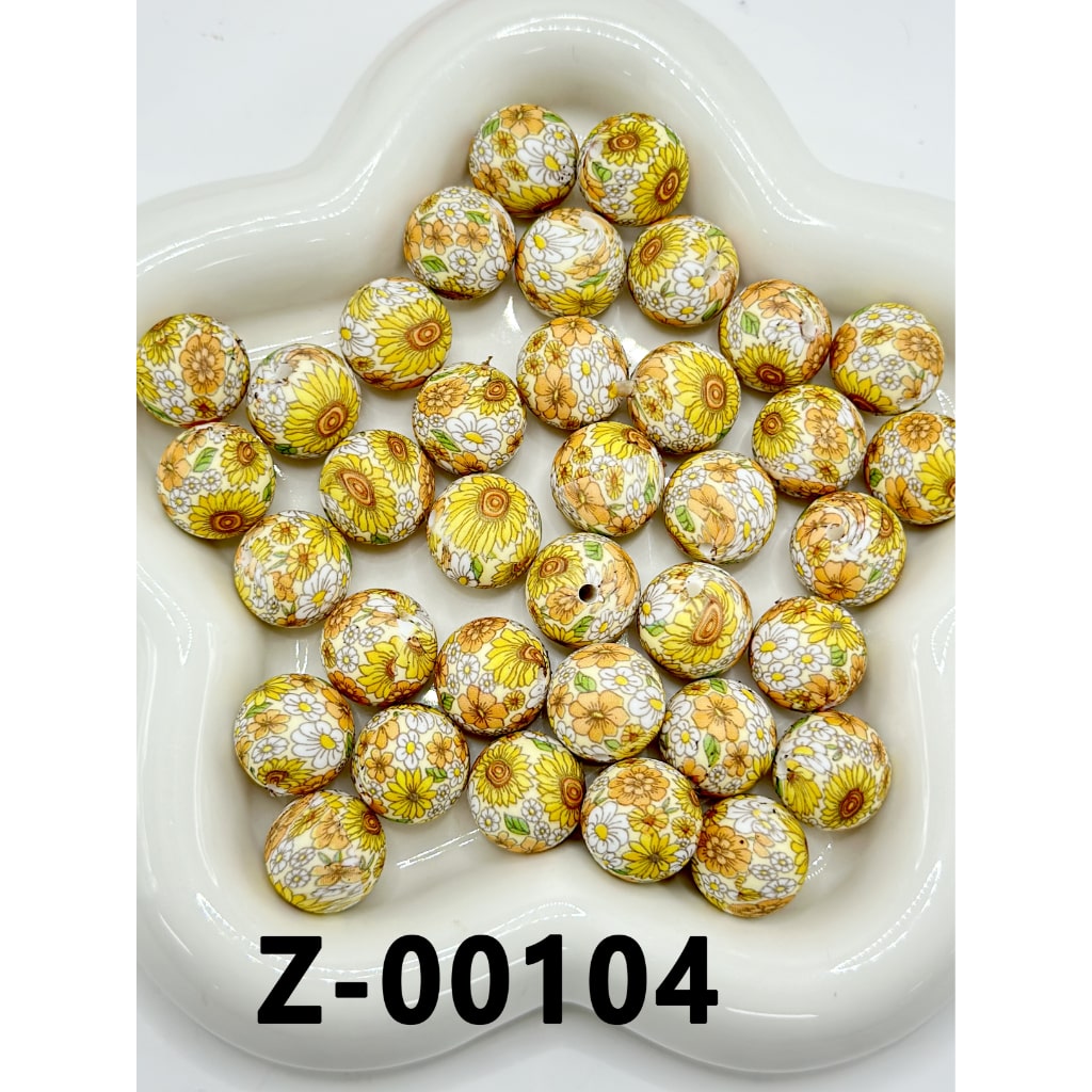 Yellow White Sun Flower Round Printed Silicone Beads 15mm, Number Z-00104