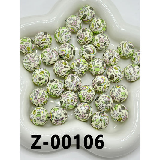 Rainbow Tree Leaves Flowers Mushrooms Hats Round Printed Silicone Beads 15mm, Number Z-00106