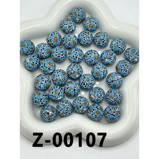 Cow Print Blue Diamond Check Round Printed Silicone Beads 15mm, Number Z-00107