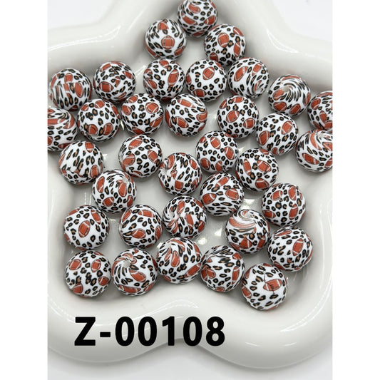 Brown American Football Jaguar Leopard Prints Round Printed Silicone Beads 15mm, Number Z-00108