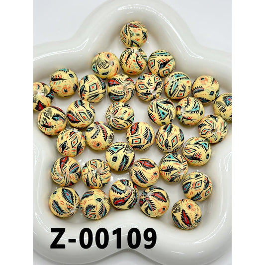 Tribal Fishbone Pattern Light Yellow Round Printed Silicone Beads 15mm, Number Z-00109