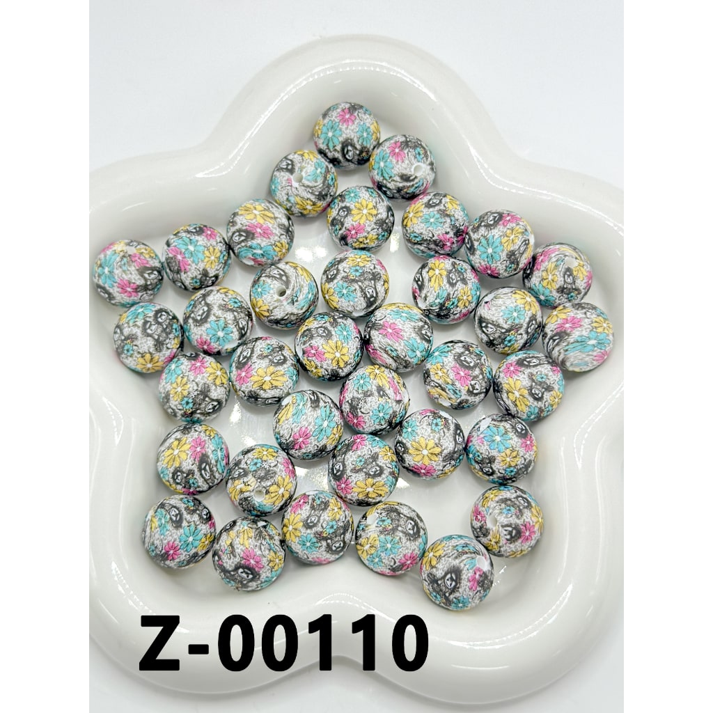 Cow Blue Red Yellow Flowers Round Printed Silicone Beads 15mm, Number Z-00110