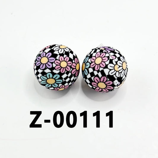 Cute Flowers Black White Checks Round Printed Silicone Beads 15mm, Number Z-00111