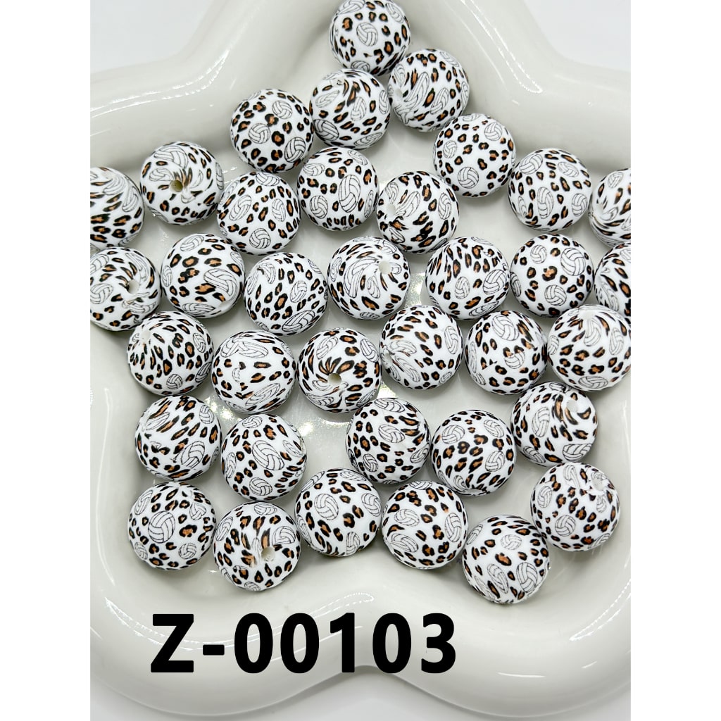 Brown Jaguar Leopard Prints Volleyball White Round Printed Silicone Beads 15mm, Number Z-00103