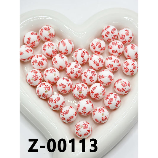 Red Rose Flower White Round Printed Silicone Beads 15mm, Number Z-00113