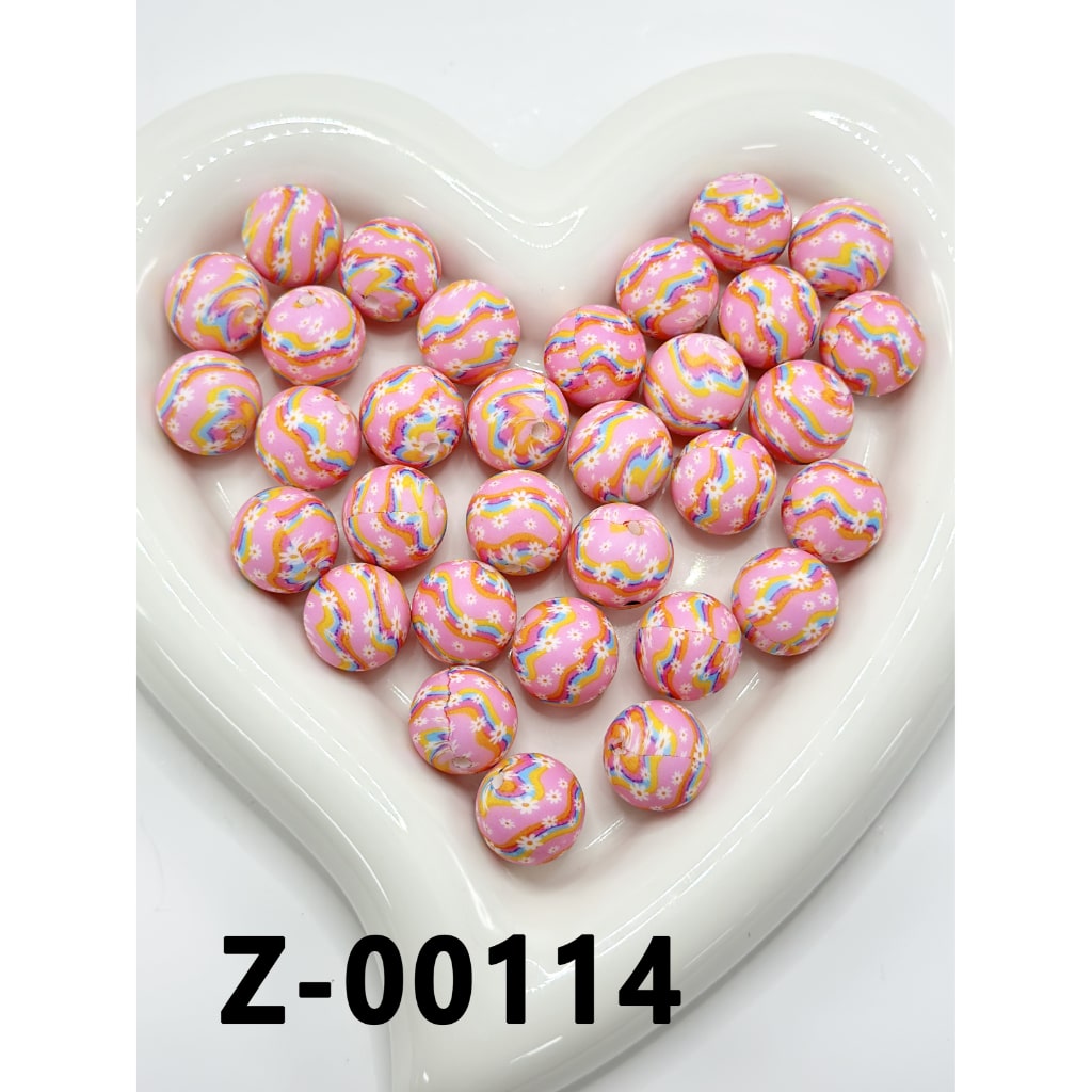 Rainbow Wave Small Flower Pink Round Printed Silicone Beads 15mm, Number Z-00114