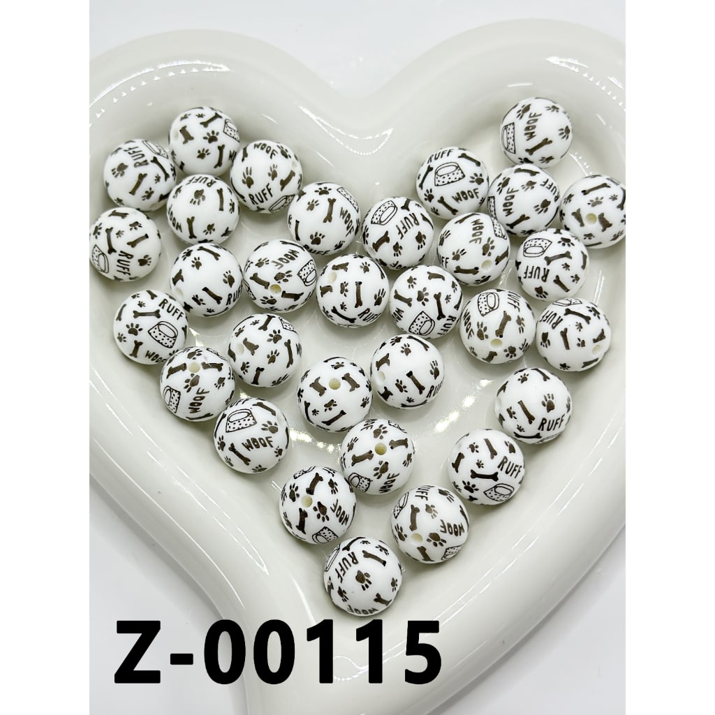 Ruff Woof Dog Pet Paw Prints Bone White Round Printed Silicone Beads 15mm, Number Z-00115