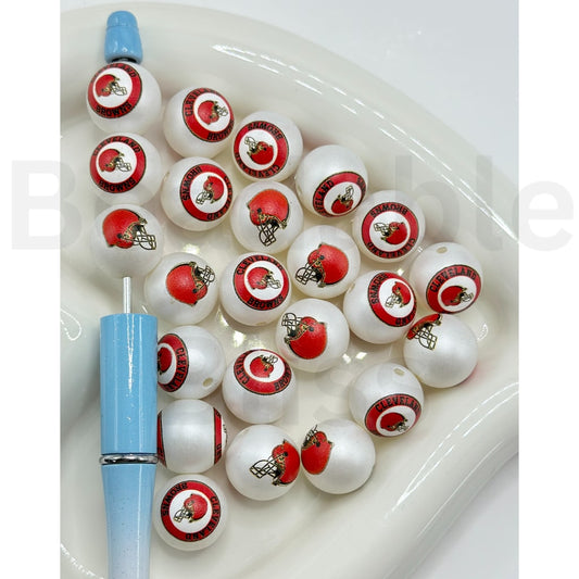 USA American Football Team Cleveland Brow Sports Frosted Matt White Round Acrylic Beads, Random Mix, 16MM