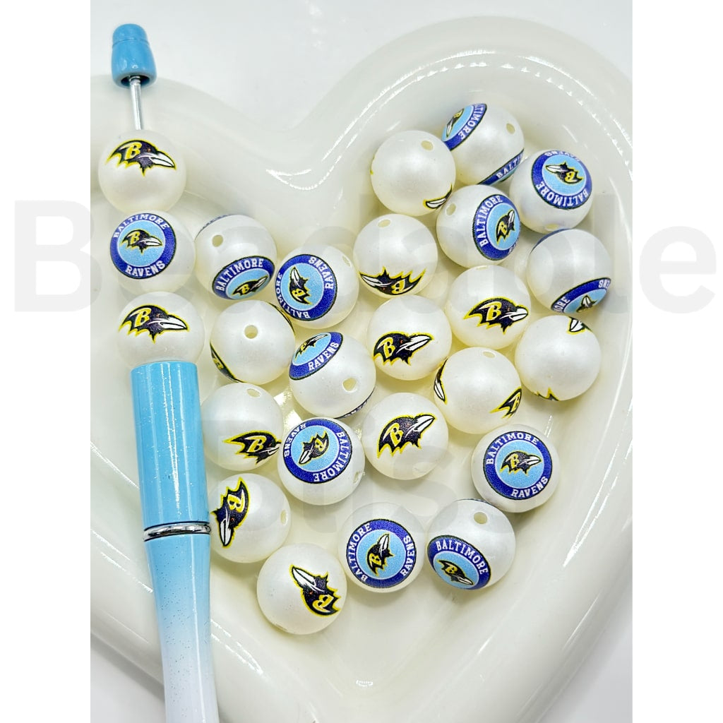 USA American Football Team Baltimore Rave Sports Frosted Matt White Round Acrylic Beads, Random Mix, 16MM