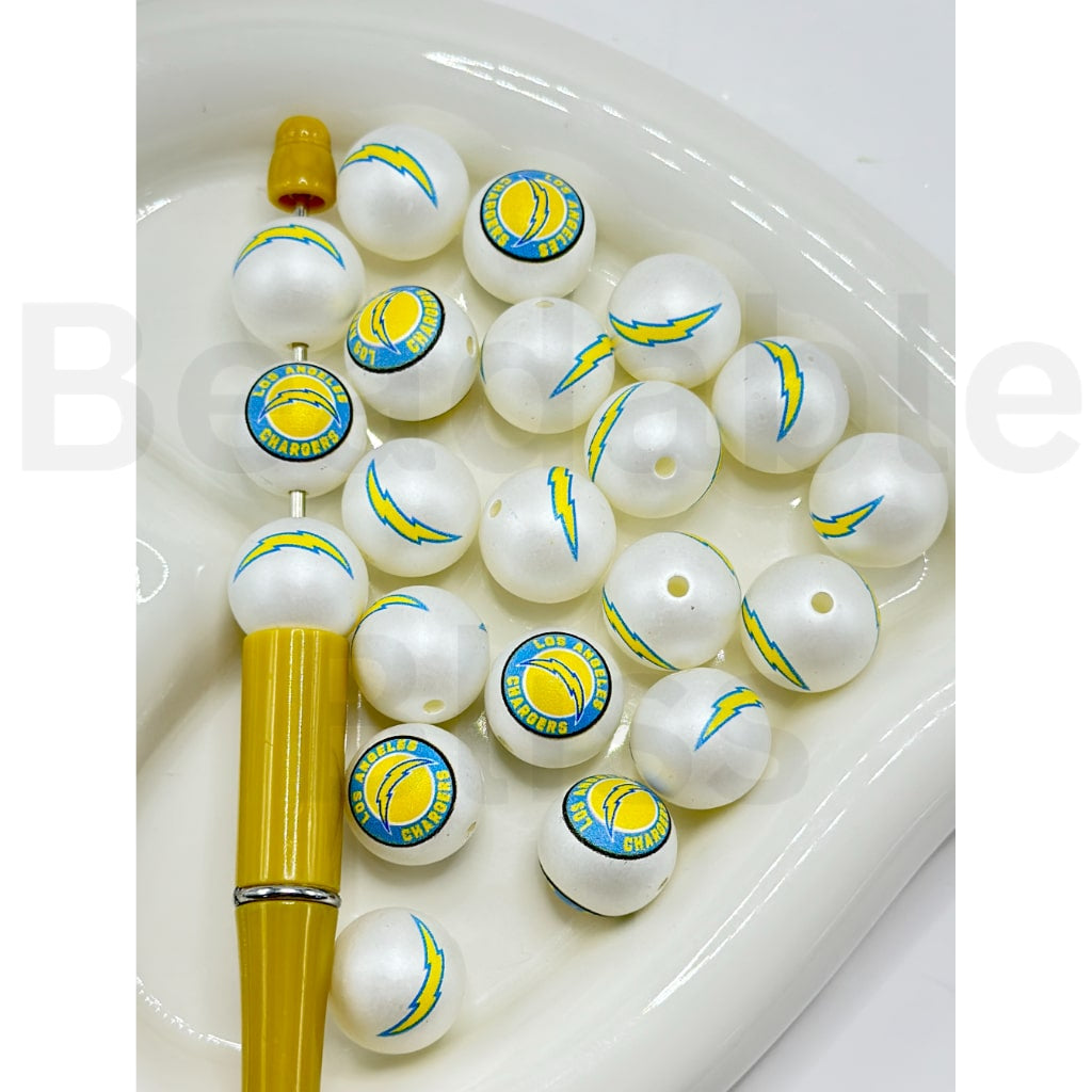 USA American Football Team Los Angeles Charge Sports Frosted Matt White Round Acrylic Beads, Random Mix, 16MM