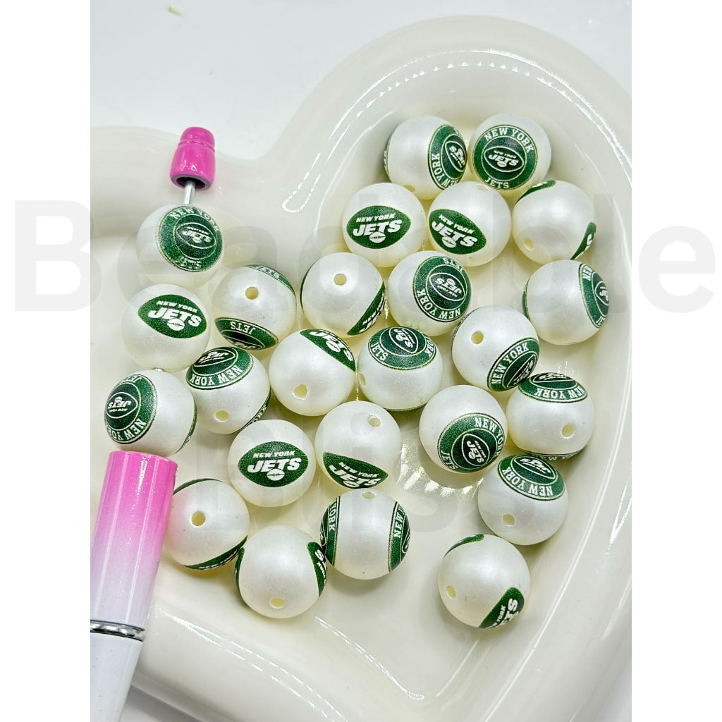 USA American Football Team New York Je Sports Frosted Matt White Round Acrylic Beads, Random Mix, 16MM