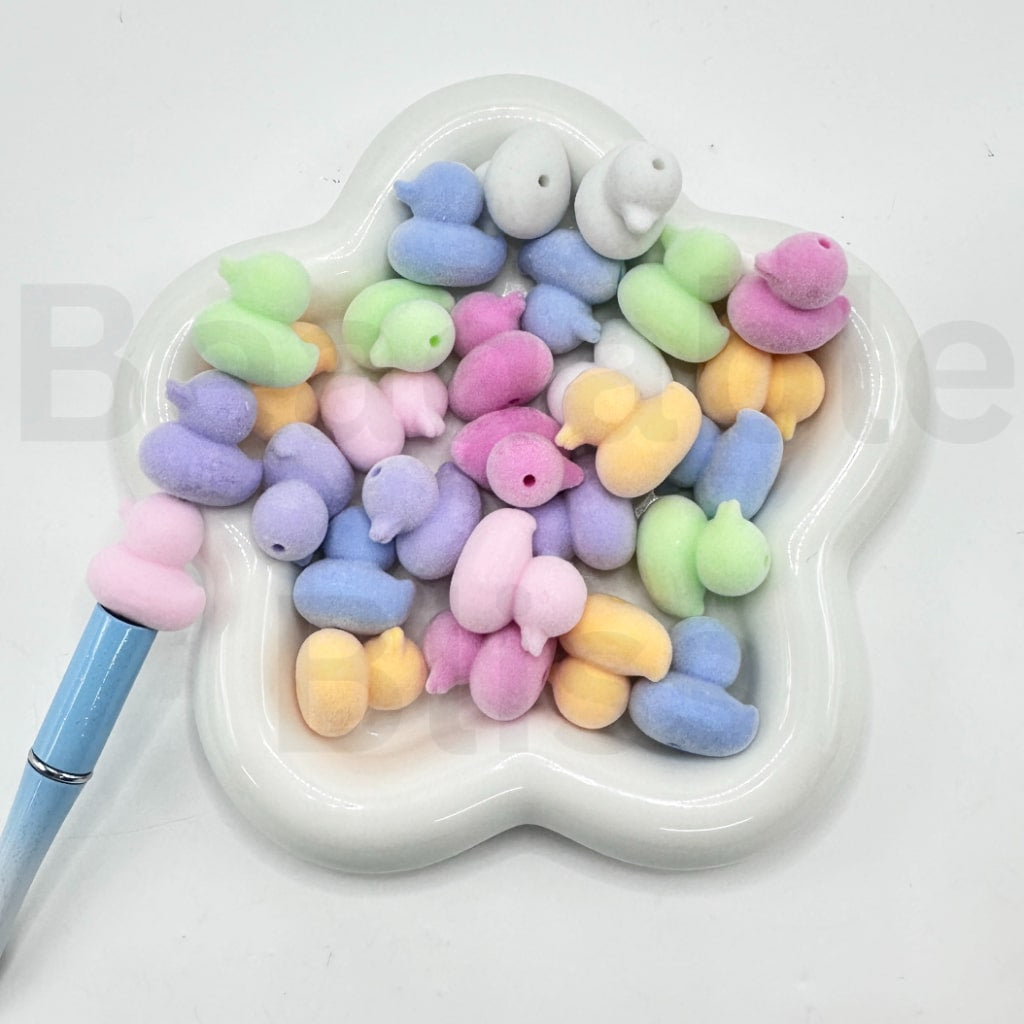 Mini Cute Flocked Duck Acrylic Beads, Random Mix, Around 24*23*17MM