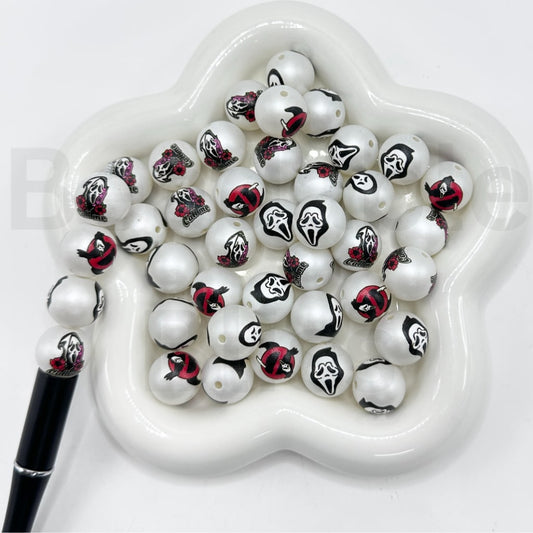 Horror Scary Ghost Red Flower Call Me White Round Acrylic Beads, Random Mix, 16MM