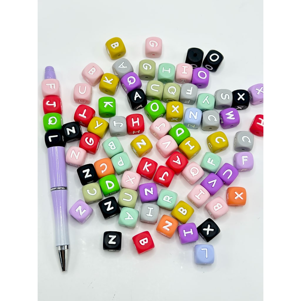 Square Letter Beads, Cube Silicone Beads in Solid Color, 12mm, Random Mix Colors and Letters