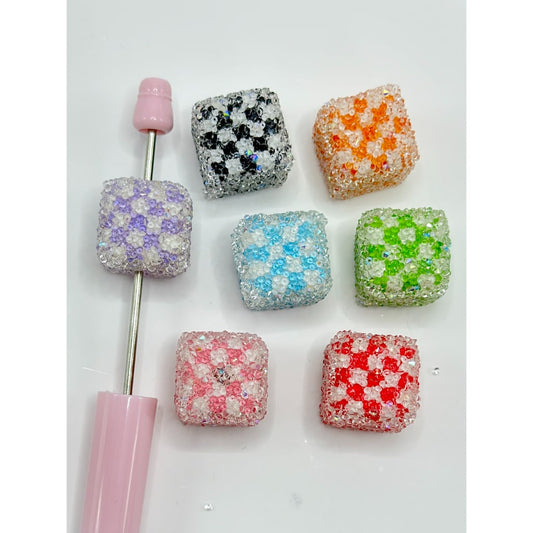 Solid Color Diagonal Checkered Square Cube Sugar Acrylic Beads, Random Mix, Around 18MM