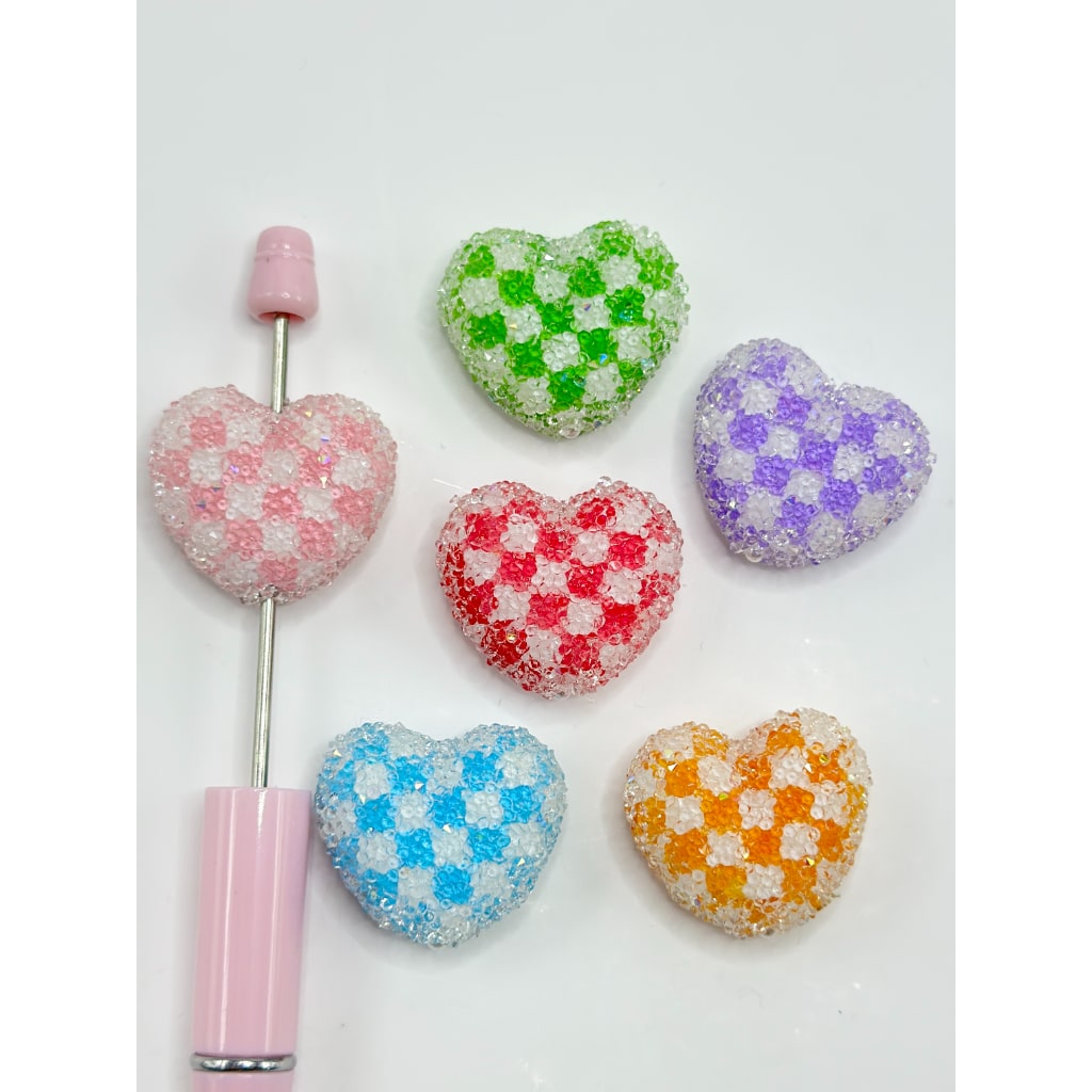 Solid Color Checkered Heart Shape Sugar Acrylic Beads, Random Mix, Around 28*24MM