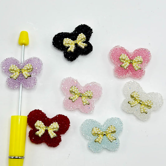 Cute Butterfly with Pearl Bowknot Sugar Acrylic Beads, Random Mix, Around 32*25MM