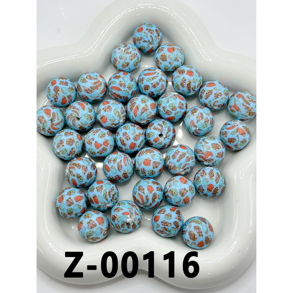 Coffee Mug Cup Blue Round Printed Silicone Beads 15mm, Number Z-00116