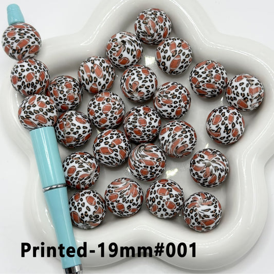 Brown Jaguar Print American Football Round Printed Silicone Beads 19mm, Number 001