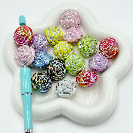 Solid Color Rose Flower with Silver Stripes Acrylic Beads, Random Mix, Around 25*21MM