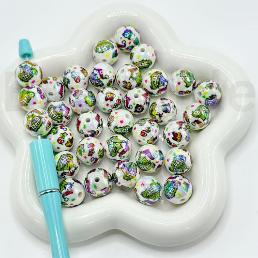 UV Finish Green Monster Grinc with Christmas Hat Gift Star Bell White Round Acrylic Beads, Random Mix, 16MM