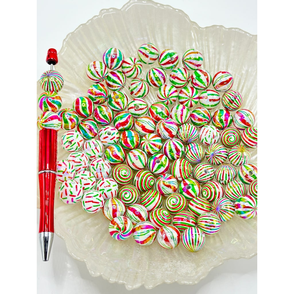 UV Finish Christmas Series Red Green Stripes White Round Acrylic Beads, Random Mix, 16MM