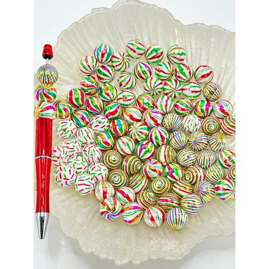 UV Finish Christmas Series Red Green Stripes White Round Acrylic Beads, Random Mix, 16MM