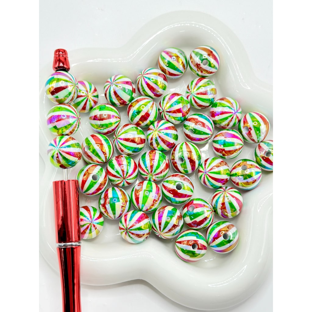 UV Finish Christmas Series Red Green Stripes White Round Acrylic Beads, 16MM