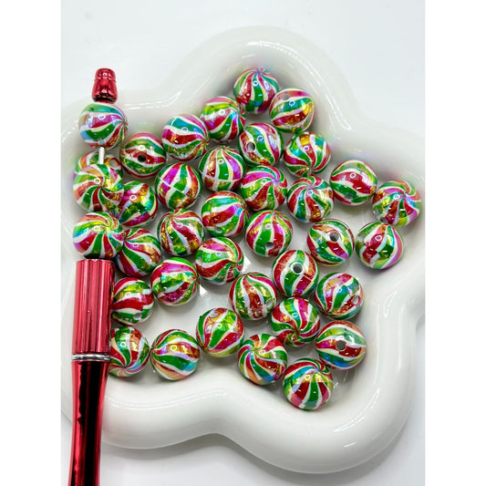 UV Finish Christmas Series Wavy Red Green Stripes White Round Acrylic Beads, 16MM