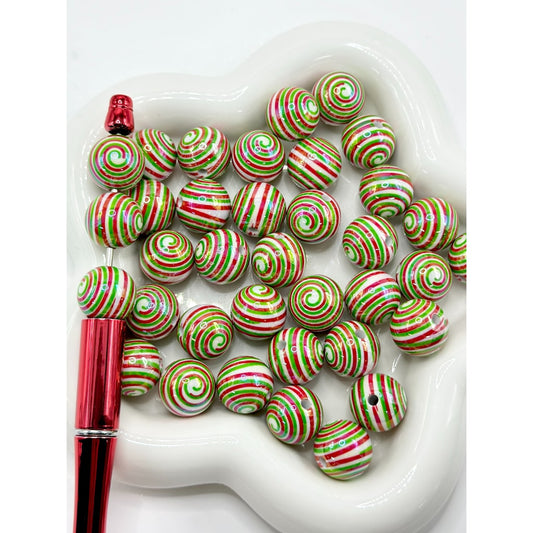 UV Finish Christmas Series Spiral Red Green Stripes White Round Acrylic Beads, 16MM