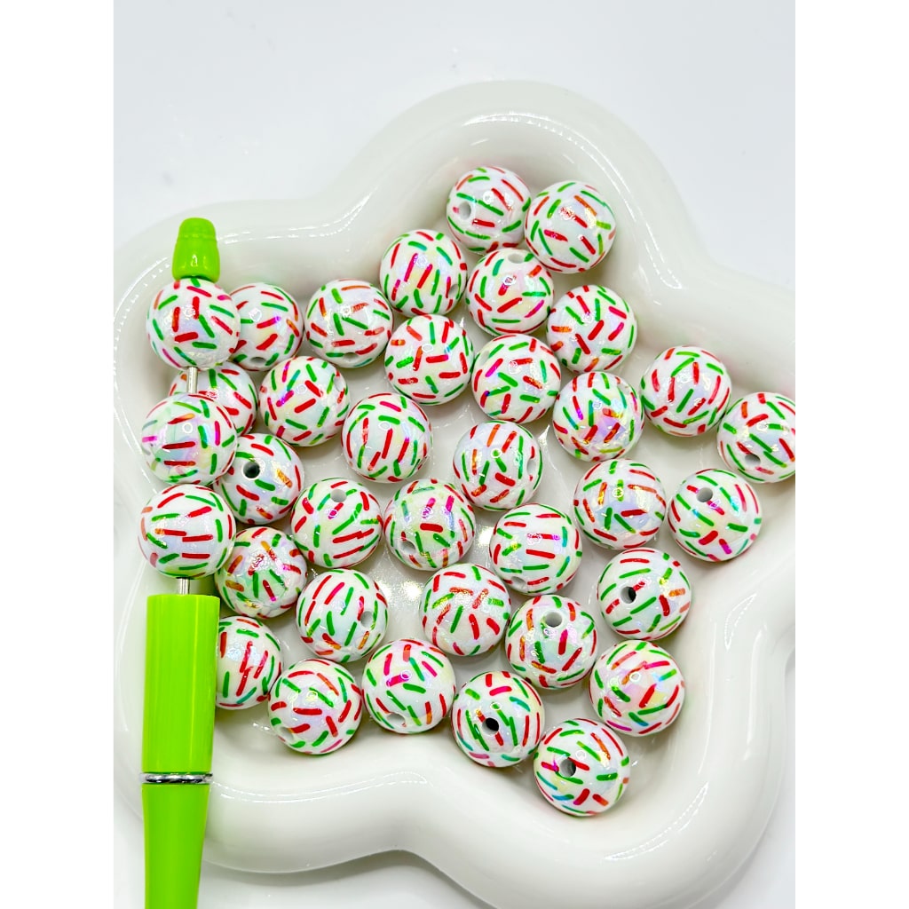 UV Finish Christmas Series Small Vertical Red Green Stripes White Round Acrylic Beads, 16MM