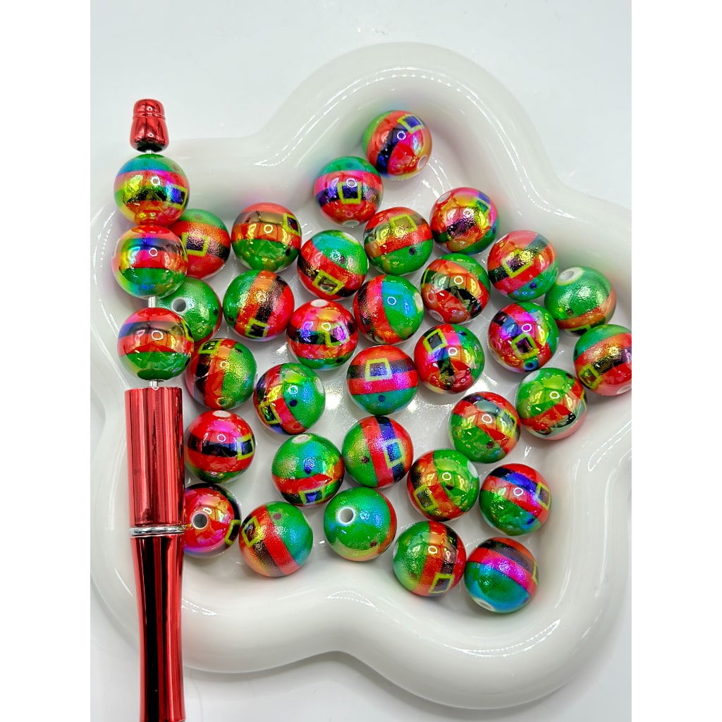 Lightly Bumpy Christmas Series Black Belt Girdle Waistband Green Red Round Acrylic Beads, 16MM