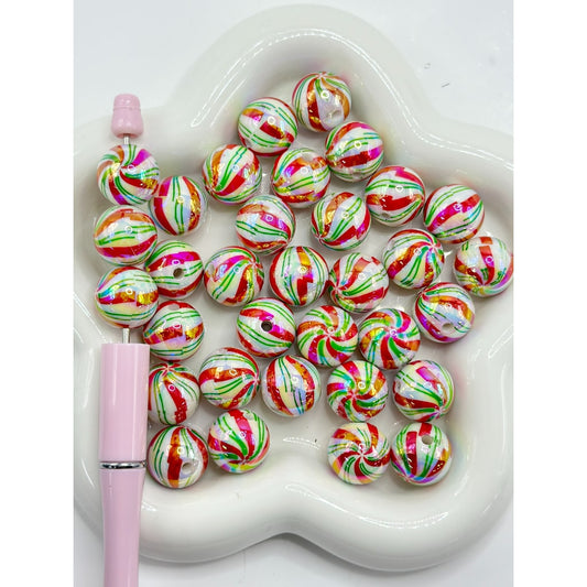 UV Finish Christmas Series Wavy Red Stripes Green Pinstripes White Round Acrylic Beads, 16MM