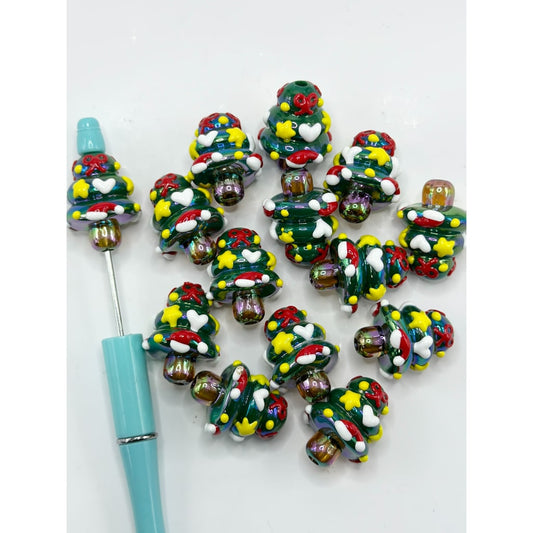 UV Finish Cute Green Christmas Tree with Yellow Stars White Hearts Red Hats Ribbon Knots Acrylic Beads, Around 29*21MM