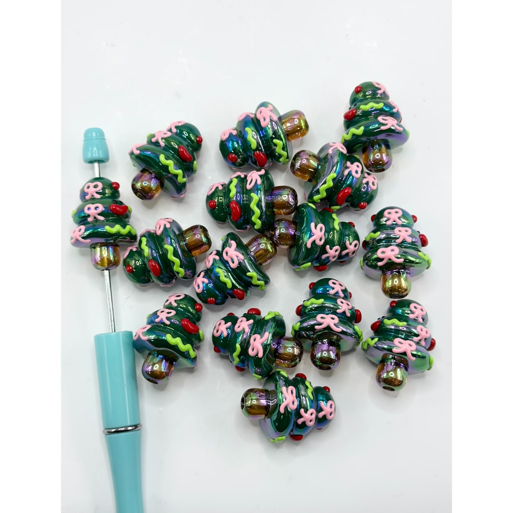 UV Finish Cute Green Christmas Tree with Red Mouth Pink Ribbon Knots Acrylic Beads, Around 29*21MM